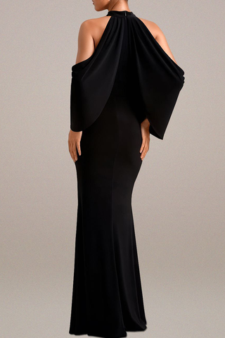 Black Sexy Solid Color Ruched O Neck Long Dresses