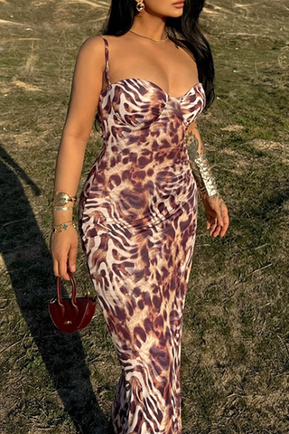 Leopard Print Sexy Print Patchwork Spaghetti Strap Long Dresses