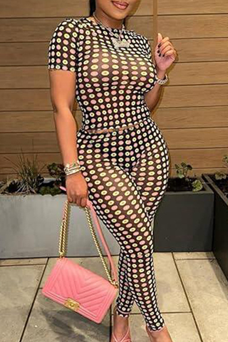 Black Sexy Print See-Through O Neck Short Sleeve Two Pieces