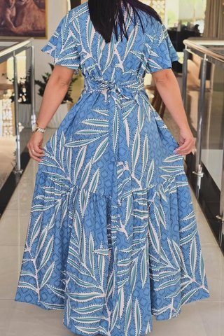Sky Blue Elegant Print Buckle V Neck Long Dresses