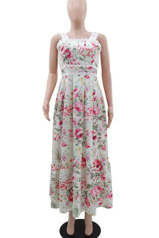 White Elegant Print Backless Spaghetti Strap Long Dresses