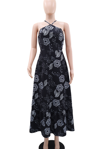 Black Sexy Print Backless Halter Long Dresses