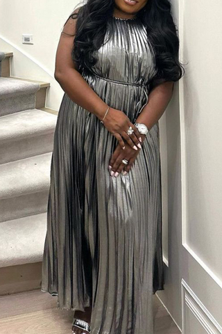 Silver Elegant Solid Color Strap Design Pleated O Neck Long Plus Size Dresses