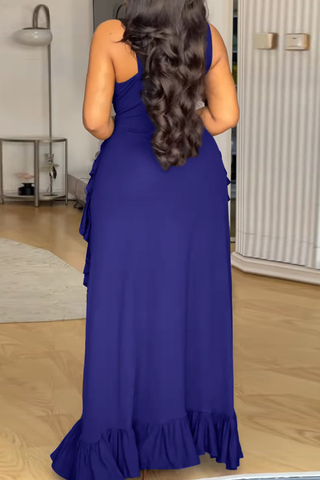 Black Sexy Solid Color Strap Design Ruffled Trim V Neck Long Plus Size Dresses