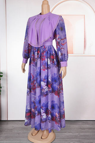 Purple Elegant Print With Belt Zipper Flounce O Neck Long Plus Size Dresses