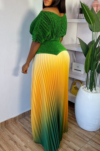 Green Elegant Gradient Pleated V Neck Half Sleeve Two Pieces