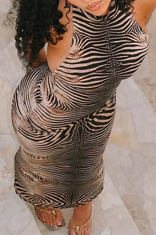 Black Sexy Zebra Print Backless O Neck Long Dresses