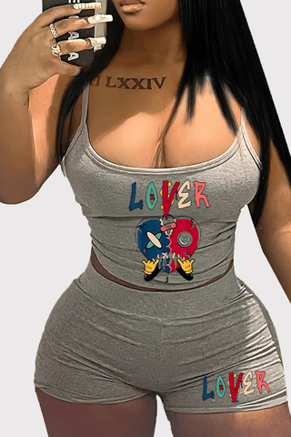 Black Sexy Print Patchwork Spaghetti Strap Sleeveless Two Pieces