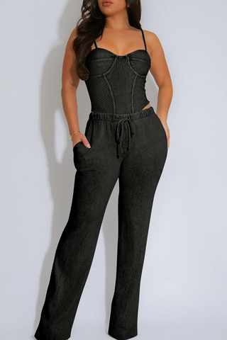 Black Casual Solid Color Draw String Spaghetti Strap Sleeveless Two Pieces