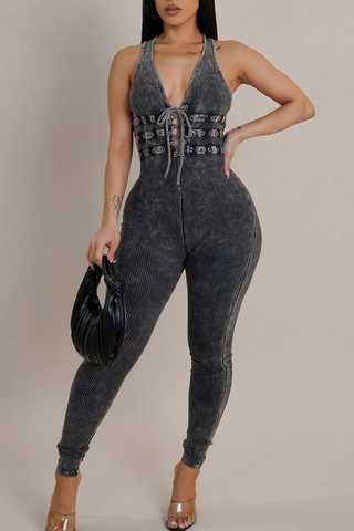 Black Casual Solid Color Strap Design V Neck Skinny Jumpsuits