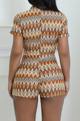 Gold Casual Print Buckle Turndown Collar Skinny Rompers