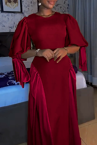 Burgundy Elegant Solid Color Strap Design O Neck Long Dresses