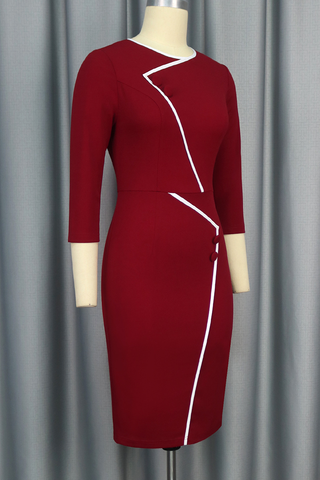 Burgundy Elegant Buttons Contrast O Neck Wrapped Skirt Dresses