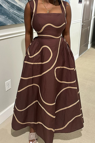 Dark Brown Casual Print Pocket Square Neck Long Dresses