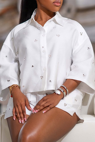 White Casual Solid Color Buckle Beading Turndown Collar Three Quarter Two Pieces