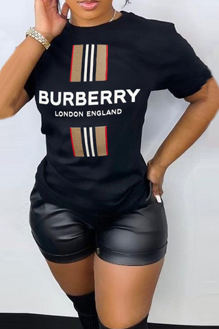Black Fashion Print Patchwork Letter O Neck T-Shirts