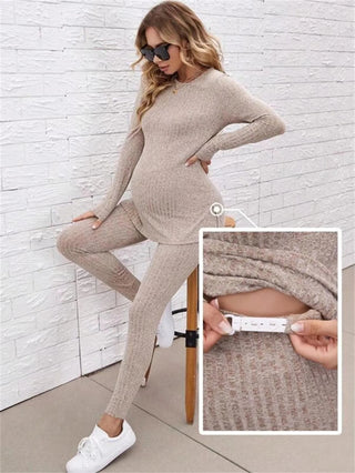 Women's Maternity Sets 2 Piece Outfits Long Sleeve Split Hem Top and Adjustable Elastic Waist Pants Maternity Clothes - Thomas Family Essentials LLC