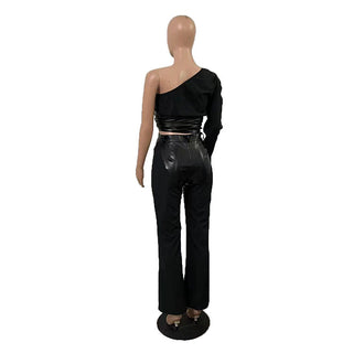 Street Fashion Leather Patchwork Women Spring Summer Slash Shoulder Slim Fit Long Sleeve Shirt And Pants Two Piece Set