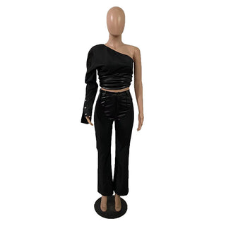 Street Fashion Leather Patchwork Women Spring Summer Slash Shoulder Slim Fit Long Sleeve Shirt And Pants Two Piece Set