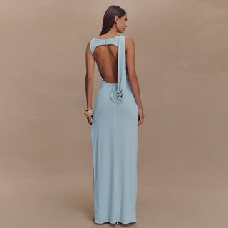 Women Summer Round Neck Backless Sleeveless Pleated Slit Dress