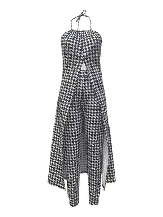 Spring And Summer Chic Halter Neck Sleeveless Houndstooth Printed Loose Top High Waist Pants Two Piece Set