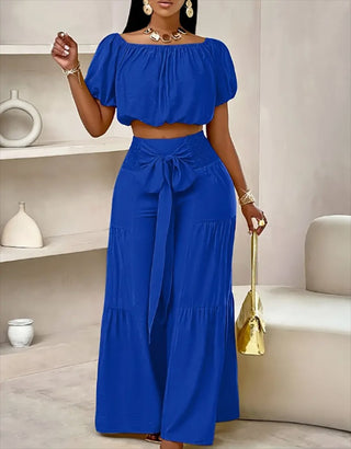 Women's Casual High-Waist Solid Color Flared Lace-Up Wide-Leg Pants Set