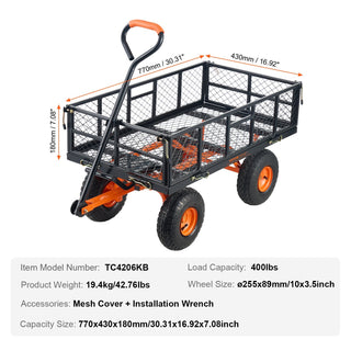 VEVOR Dump Cart, Metal Garden Dump Cart With Easy To Assemble Frame, Dump Wagon With 2-in-1 Convertible Handle, Utility Wheelbarrow 400 Lbs Capacity, 10 Inch Tires
